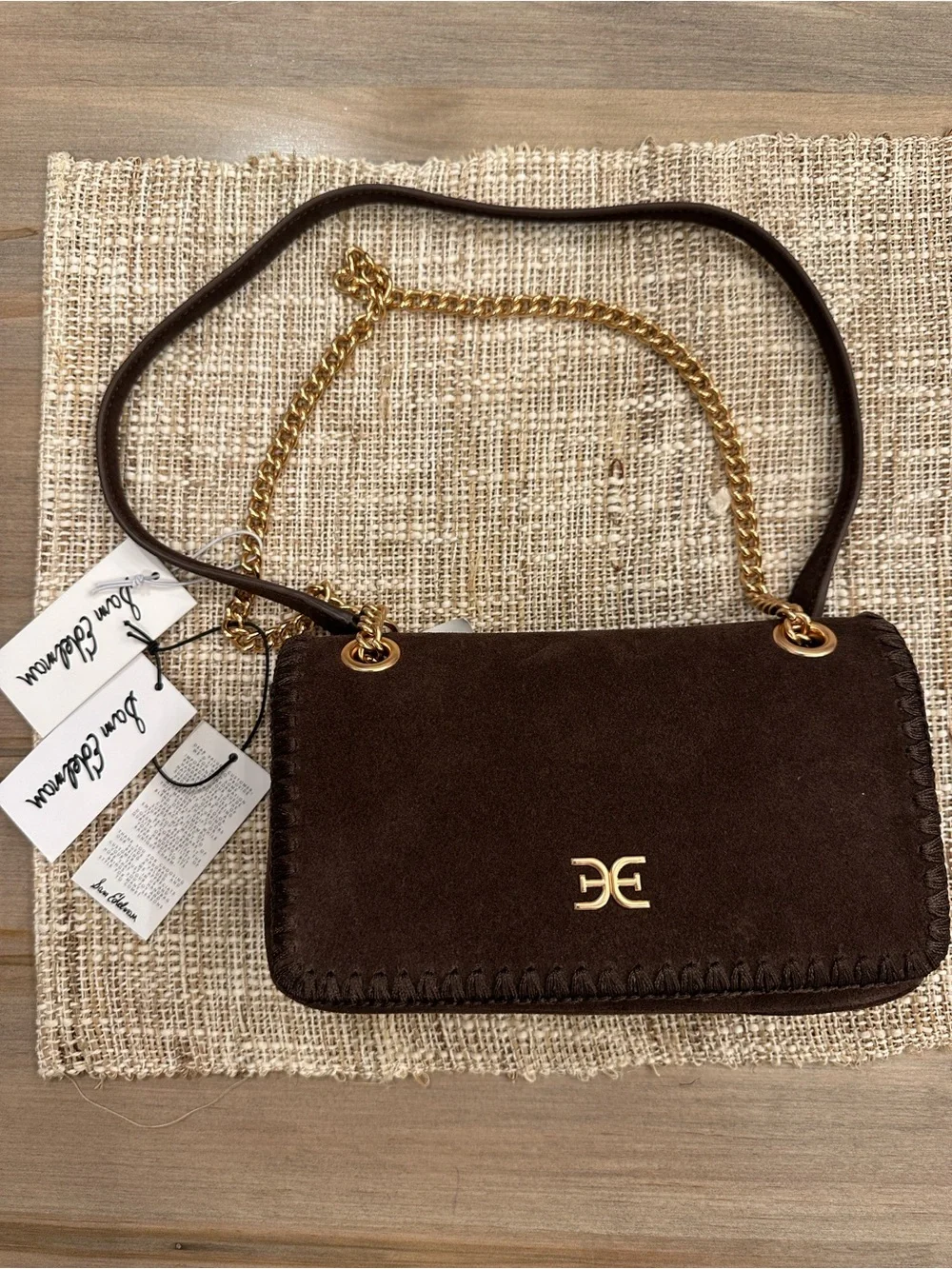 Sam Edelman Brown Suede and Gold Chain Crossbody Bag